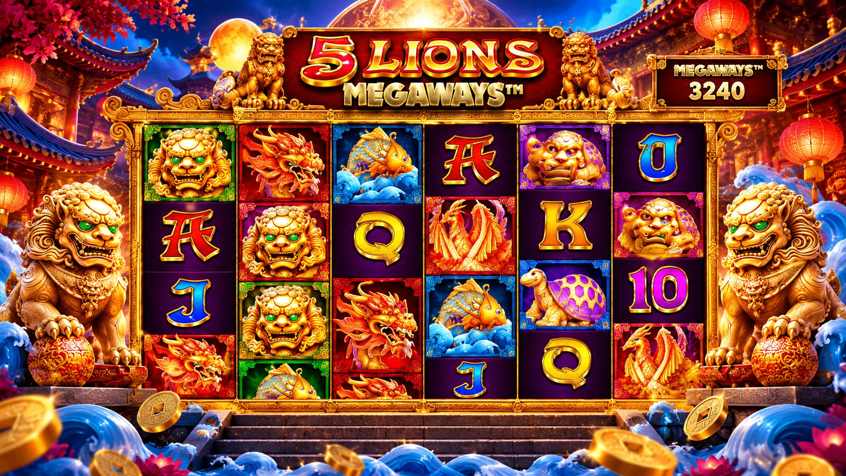 5 Lions Megaways demo y tablero de juego